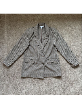 Old Navy Blazer Womens Medium Brown Houndstooth Tweed Lined Tailored Jacket
